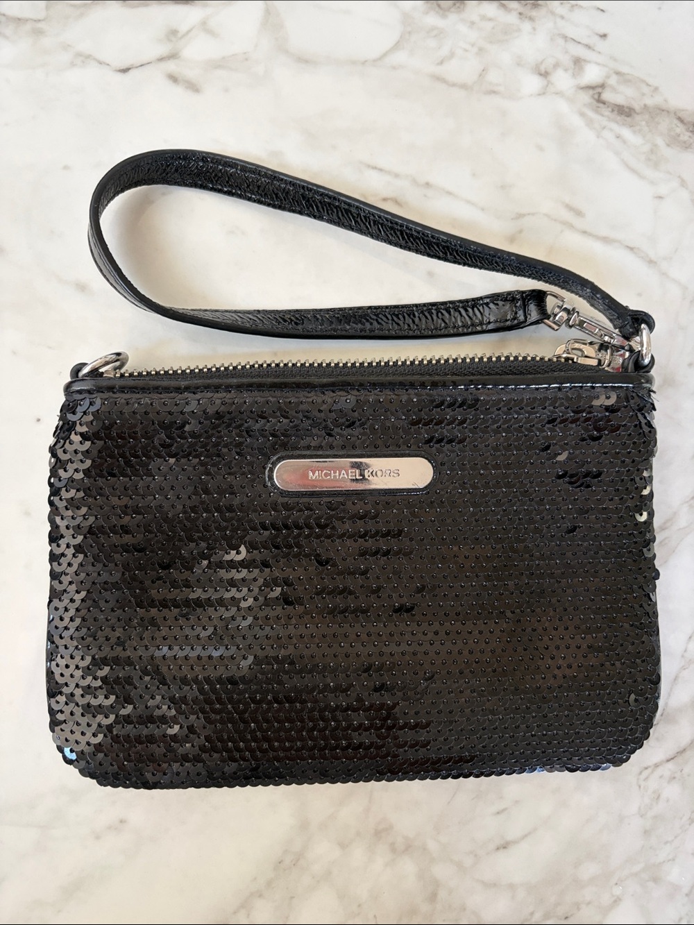 Michael Kors Black Sequin Wristlet Clutch with Adjustable Wrist Strap